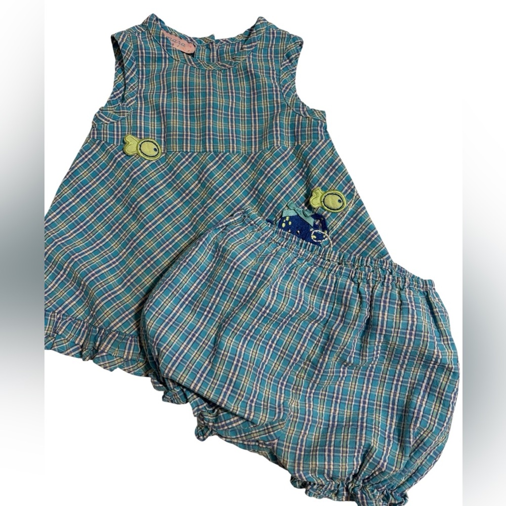 🟠Vintage Plaid Kids Dress and Bloomer Set. Size 12 months
